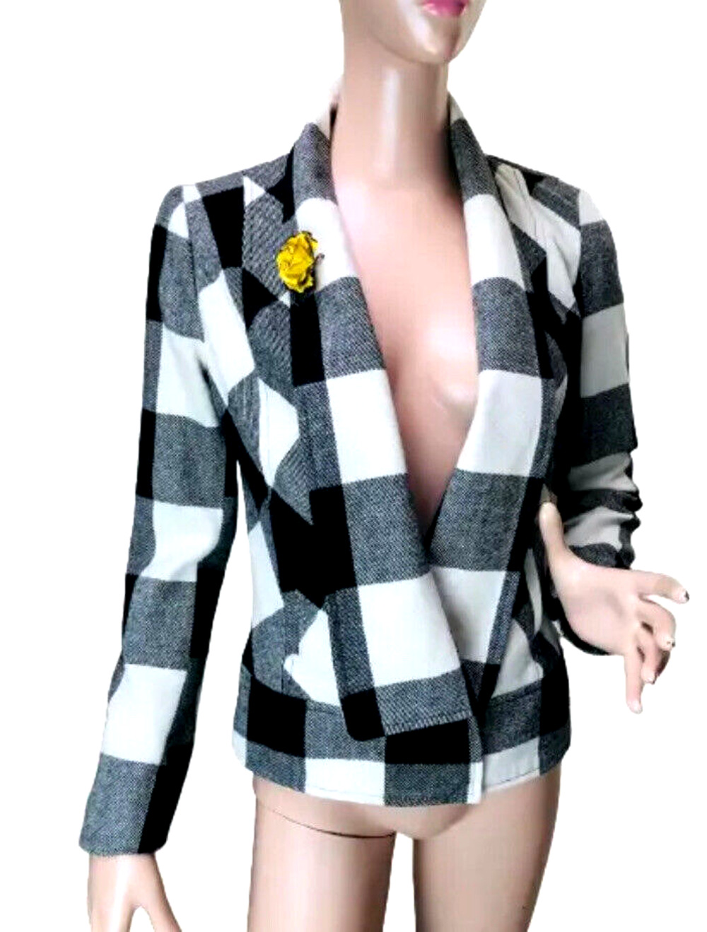 Jack Blazer Woman Sz Small - Black White Check - Cafe Jacket w Yellow Rose Pin